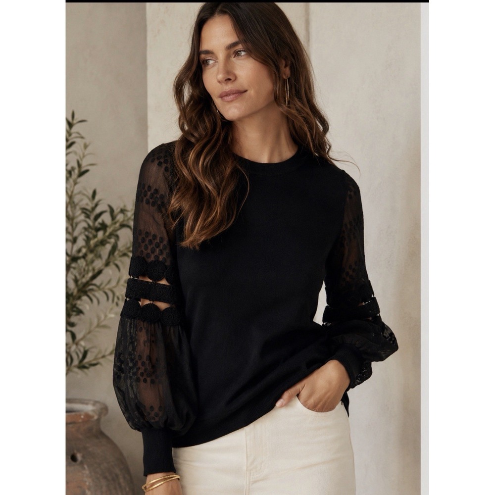 Sioni Milano Sweater Sz S Pullover Crochet Sheer Sleeves Soft Quiet Luxury Boho